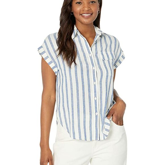NWT Pendleton Blue & White Striped Women's Short Sleeve One Pocket Shirt - Large - Picture 1 of 10
